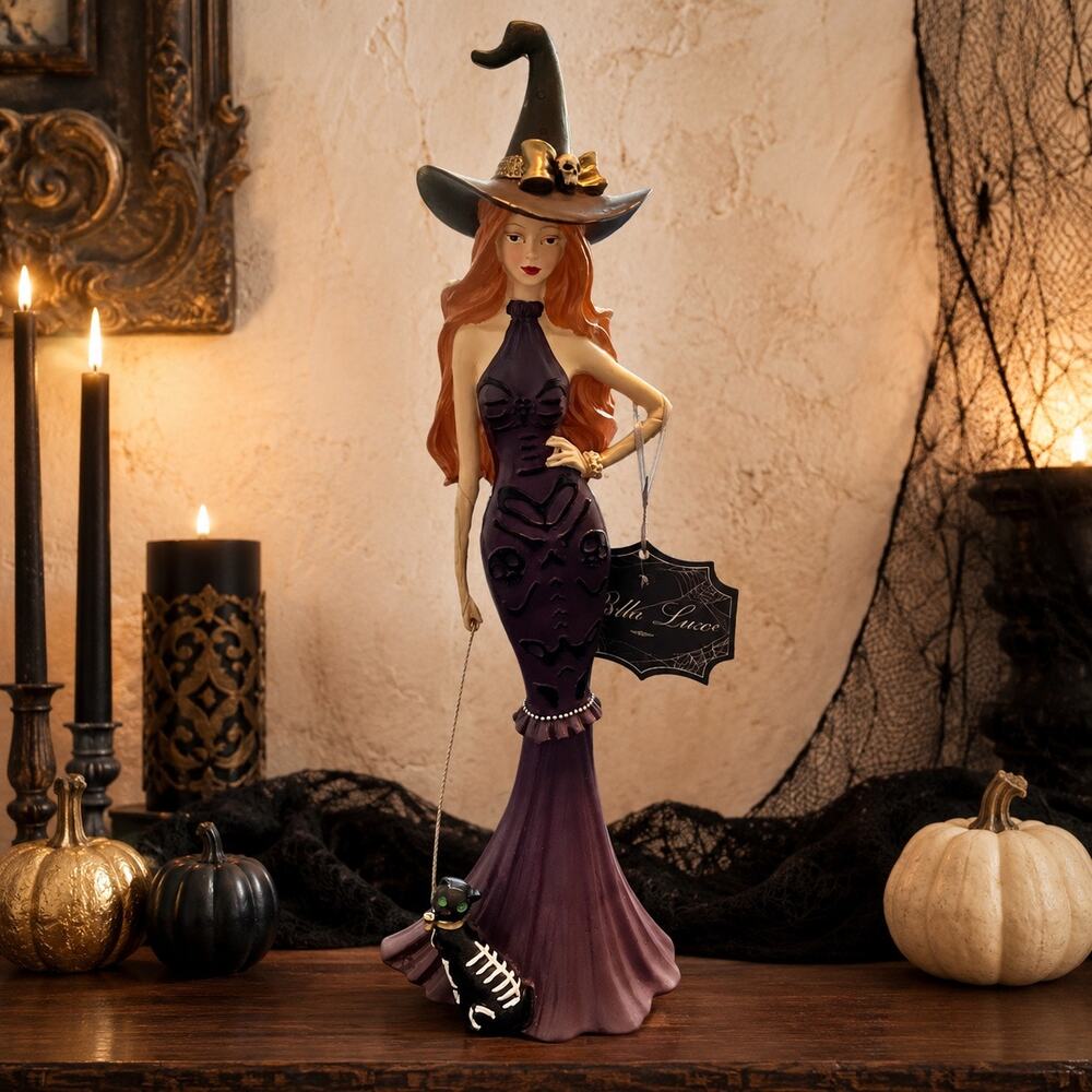 Bella Luxxe Halloween Witch Figurine Purple Dress Skeleton Cat New With Tag